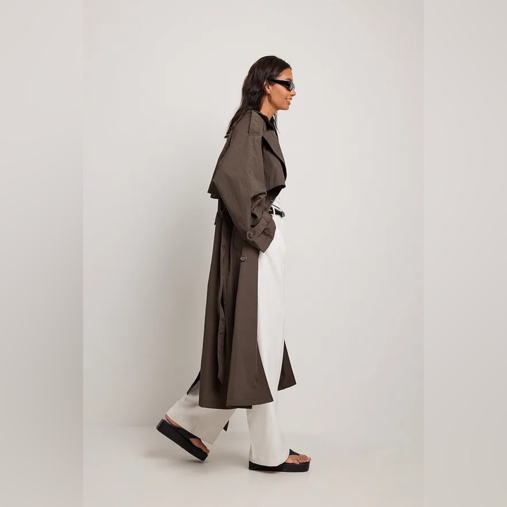 NA-KD Chocolate Brown Oversized Fluid Trench Coat Rain Jacket Euro 34 XS S - Picture 3 of 5